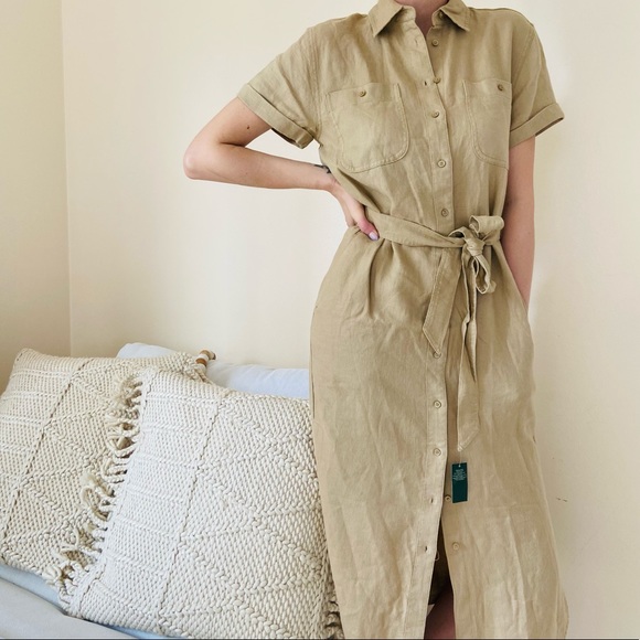 Ralph Lauren Khaki 0 Linen Belted Shirt 